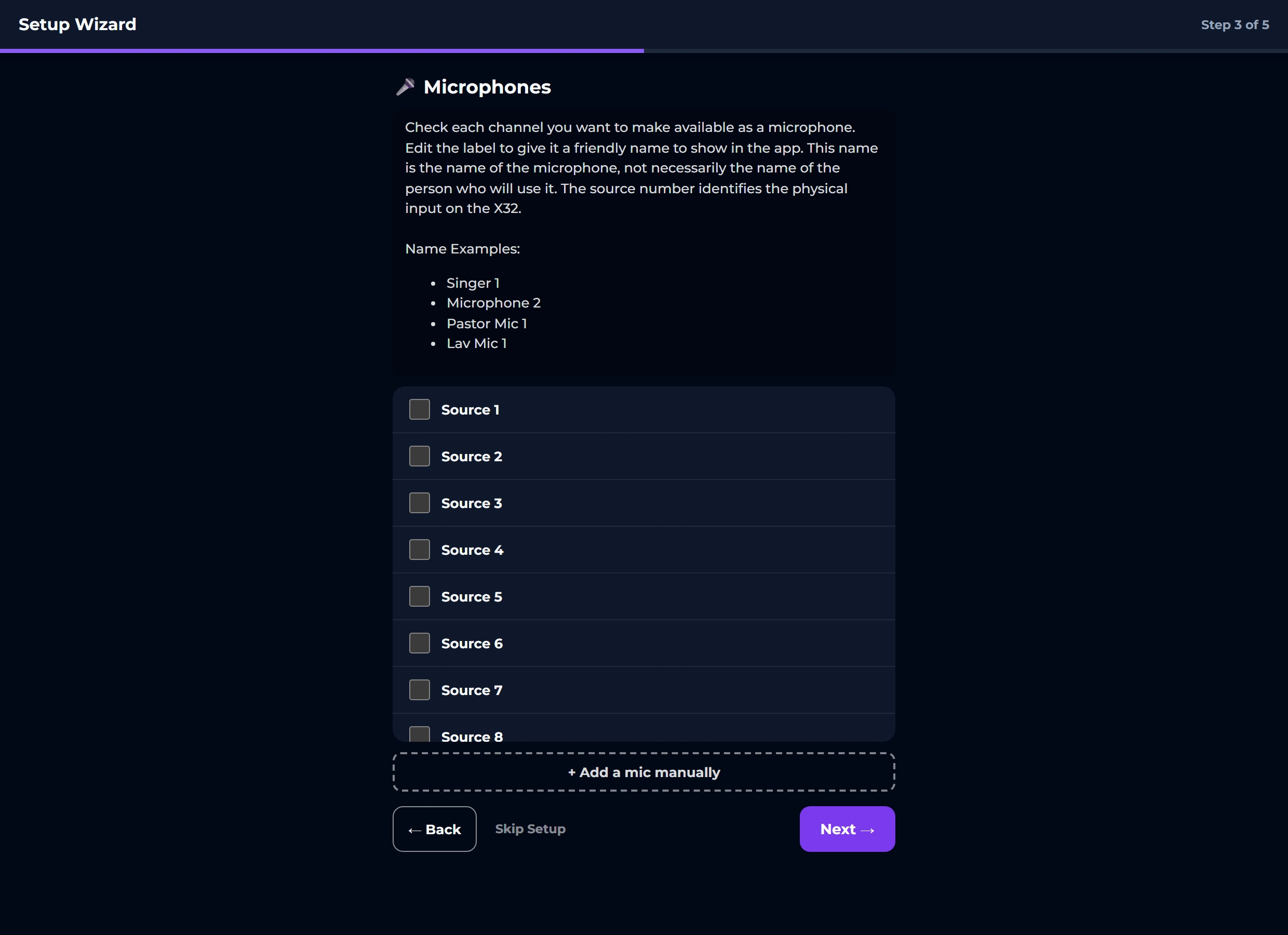 The setup wizard on its microphones step: a scrolling list of the board's inputs, each with a checkbox and an editable label, above an 'Add a mic manually' button.