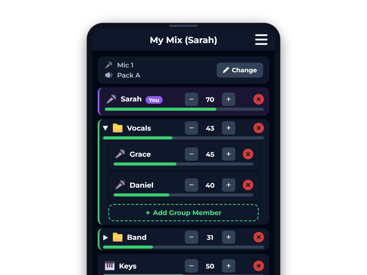 A musician's own mix on a phone: their microphone and monitor pack at the top, then a slider for themselves, a Vocals group holding two other singers, and sliders for the band, keys and click.
